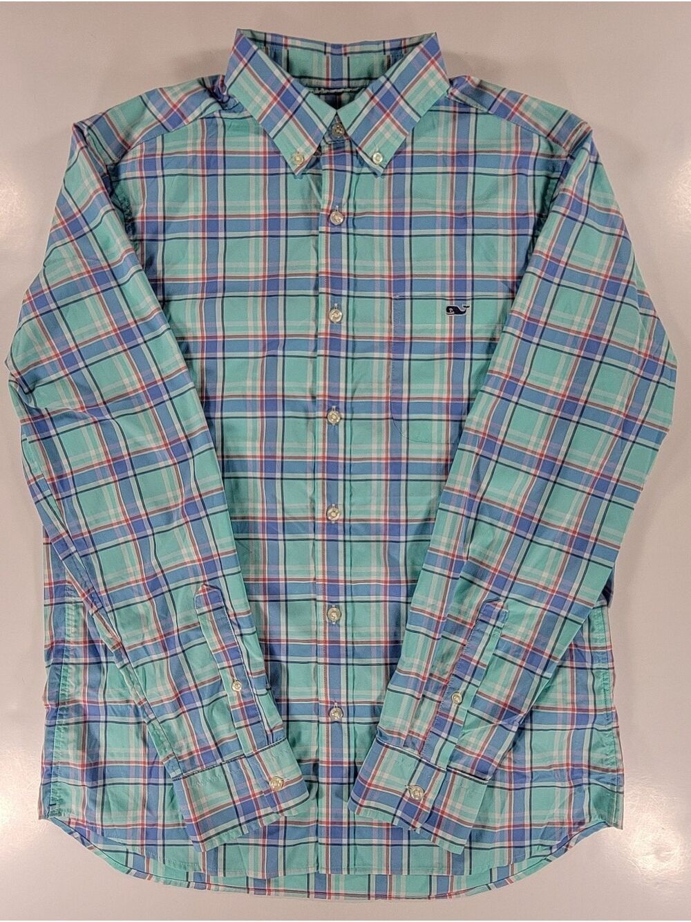 Vineyard Vines OTG On The Go Shirt Mens Small Turquoise Plaid Long Sleeve Button